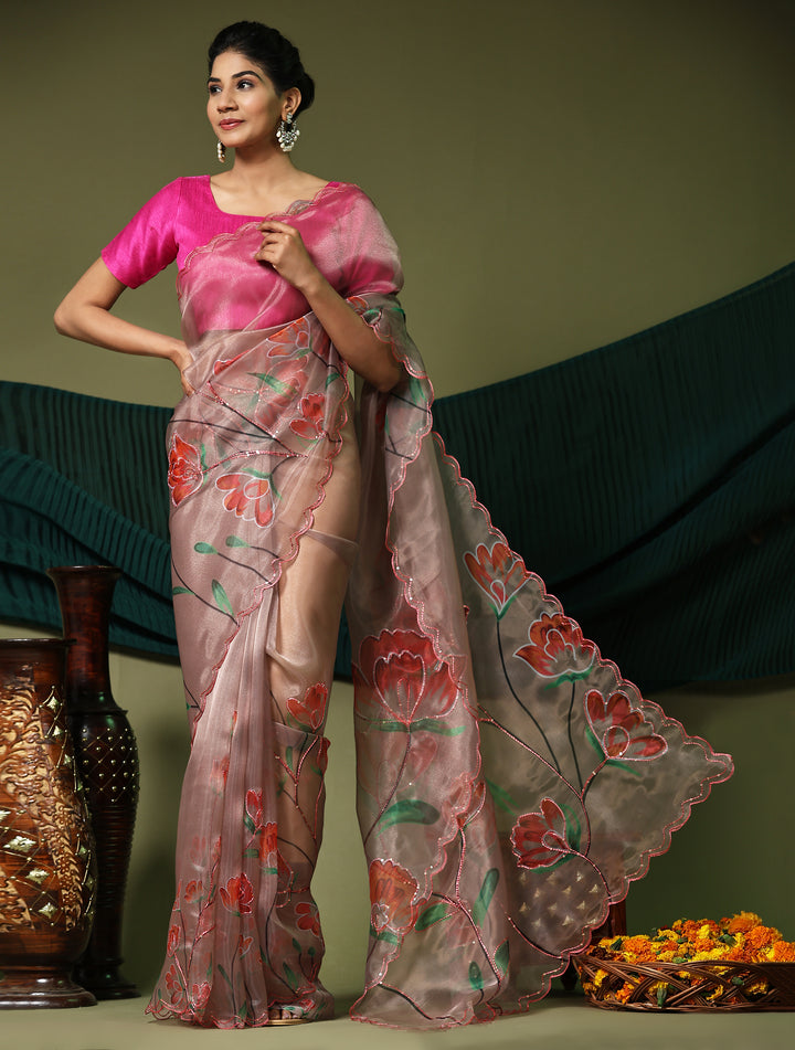 Exquisite Coffee Organza Saree with Pink Blouse | Unmatched Beauty for Grand Occasions