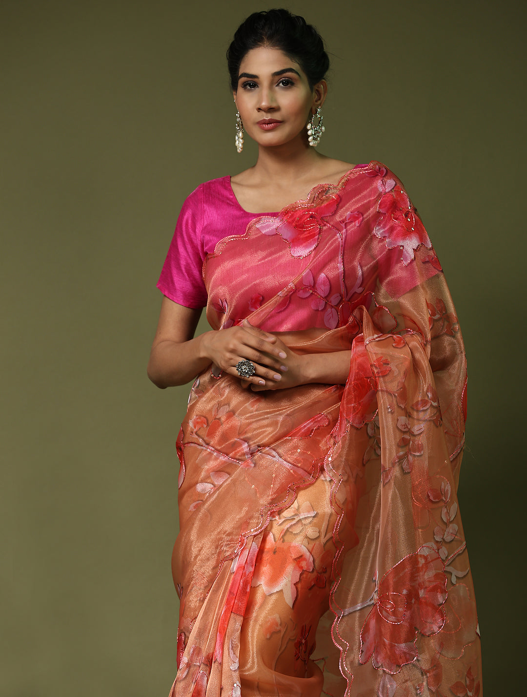 Beautiful Orange Organza Saree with Pink Blouse | Perfect for Special Celebrations