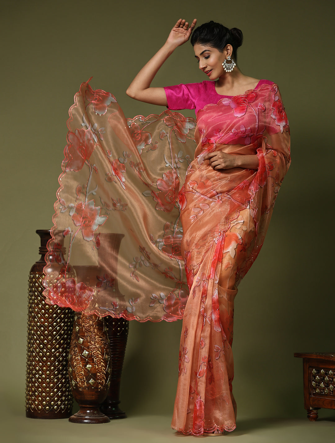 Beautiful Orange Organza Saree with Pink Blouse | Perfect for Special Celebrations