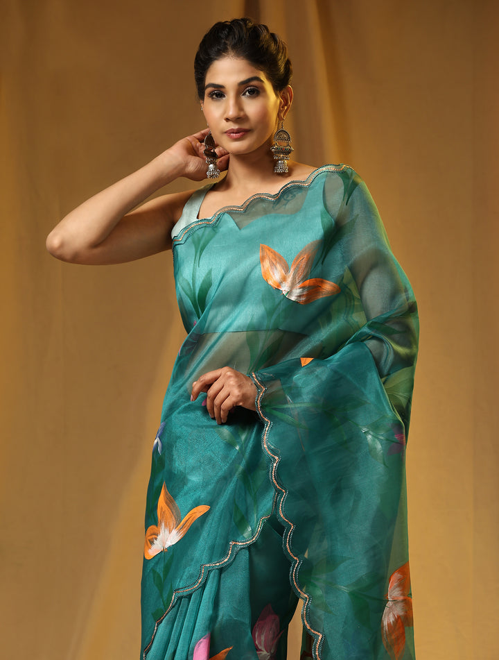 Luxurious Green Organza Saree with Pink Blouse | A Stylish and Sophisticated Choice