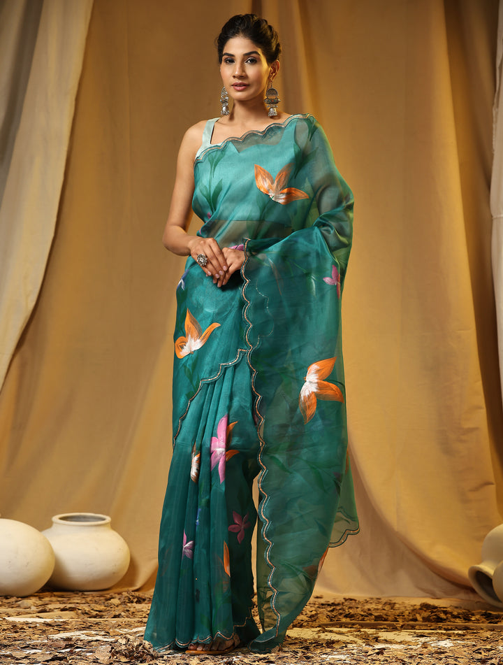 Luxurious Green Organza Saree with Pink Blouse | A Stylish and Sophisticated Choice