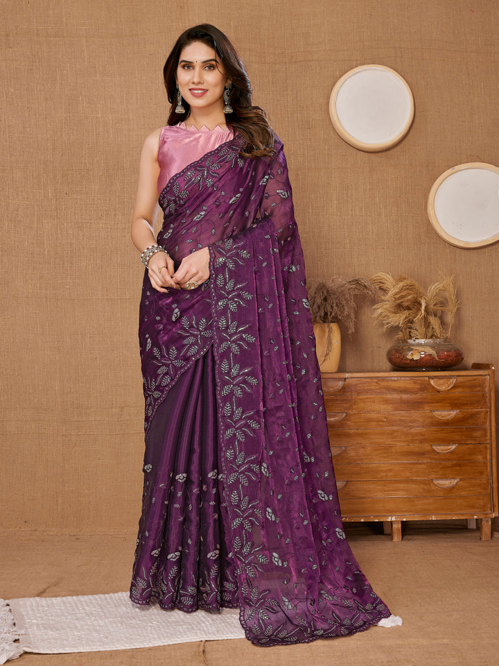 Designer Sequance Embroidered Burberry Saree | Art-Silk Blouse for Weddings