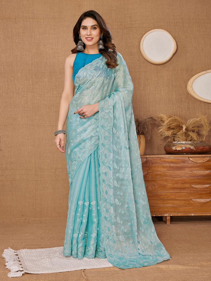 Designer Sequance Embroidered Burberry Saree | Art-Silk Blouse for Weddings