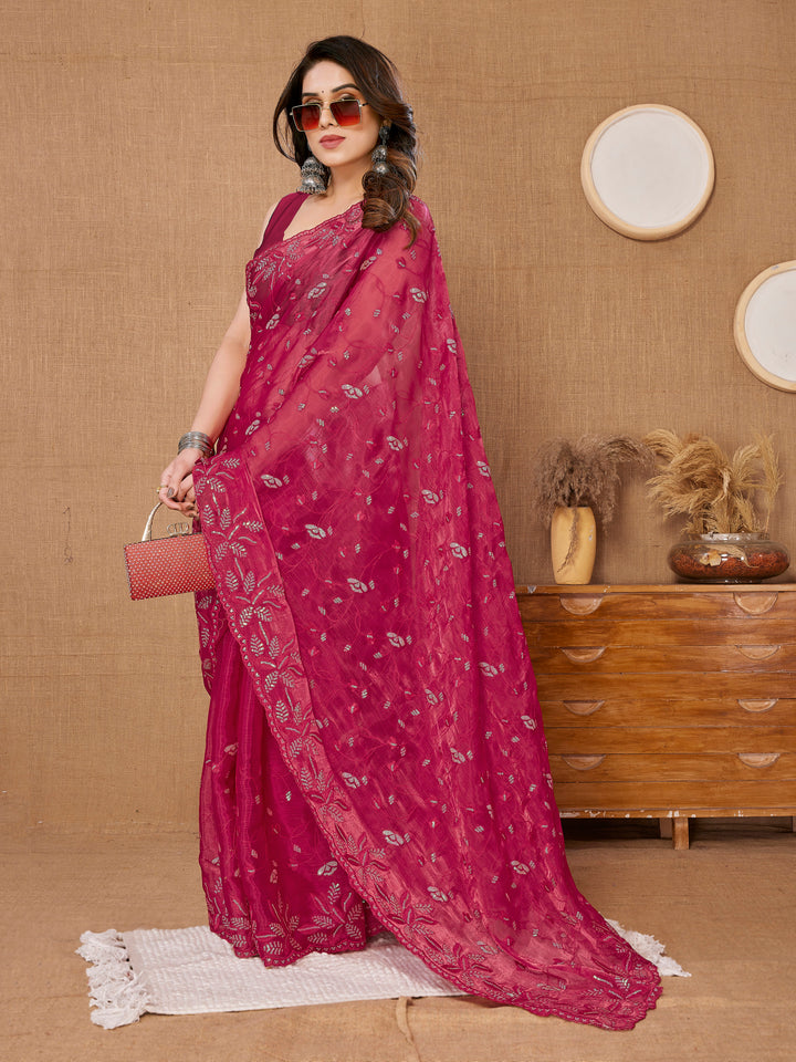 Designer Sequance Embroidered Burberry Saree | Art-Silk Blouse for Weddings