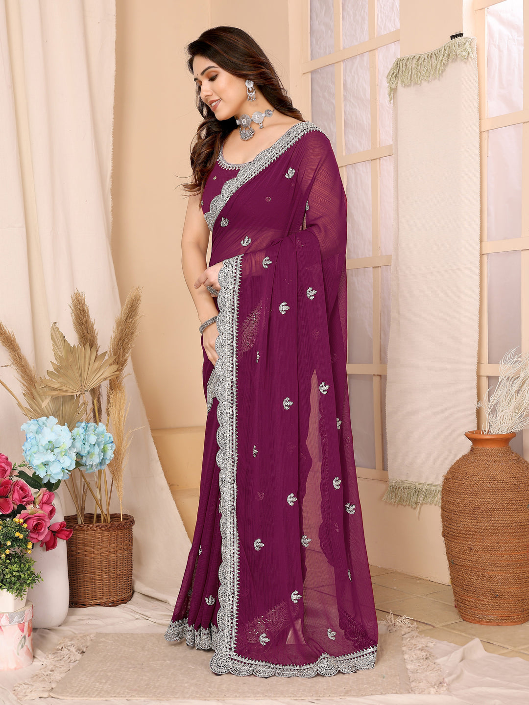 Chiffon Saree with Sequins Embroidery | Elegant Wedding & Party Wear