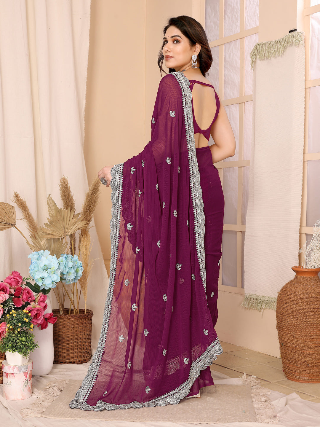 Chiffon Saree with Sequins Embroidery | Elegant Wedding & Party Wear