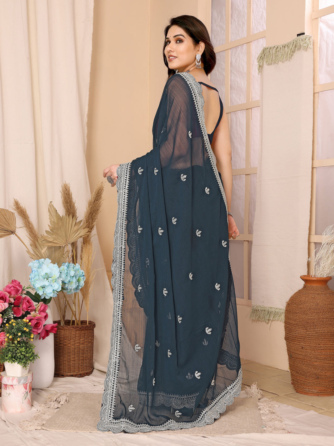 Chiffon Saree with Sequins Embroidery | Elegant Wedding & Party Wear