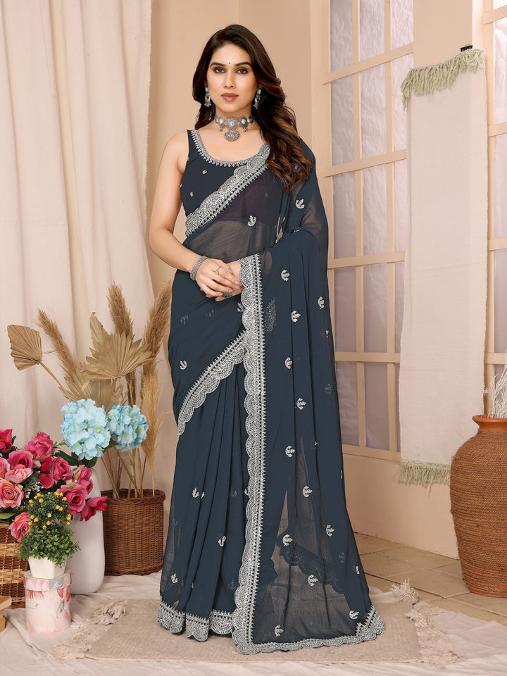 Chiffon Saree with Sequins Embroidery | Elegant Wedding & Party Wear