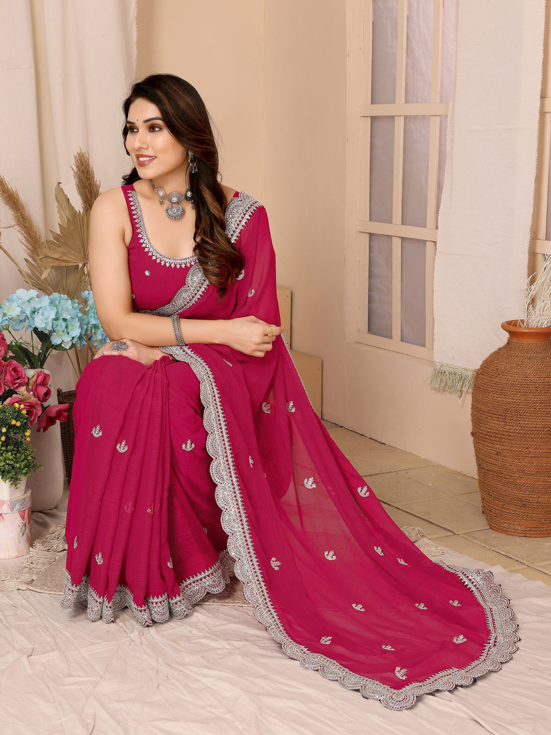 Chiffon Saree with Sequins Embroidery | Elegant Wedding & Party Wear