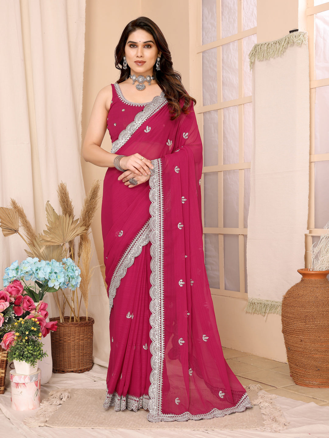 Chiffon Saree with Sequins Embroidery | Elegant Wedding & Party Wear