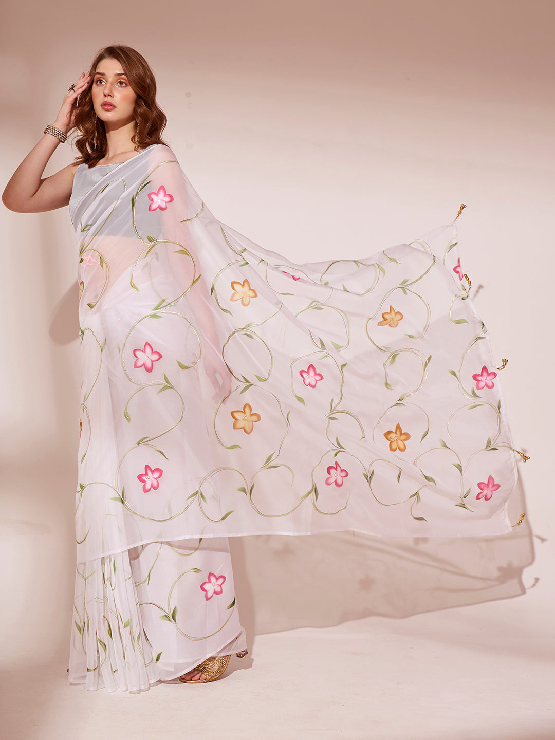 Organza Saree with Brush-Printed Work | Art-Silk Blouse for Weddings