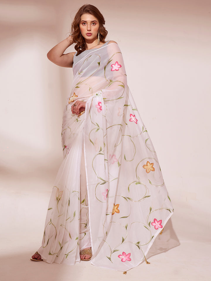 Organza Saree with Brush-Printed Work | Art-Silk Blouse for Weddings