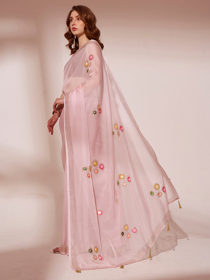 Elegant Brush-Printed Organza Saree | Art-Silk Blouse for Weddings & Festive