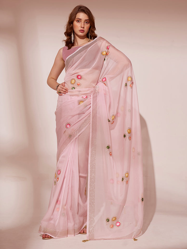 Elegant Brush-Printed Organza Saree | Art-Silk Blouse for Weddings & Festive