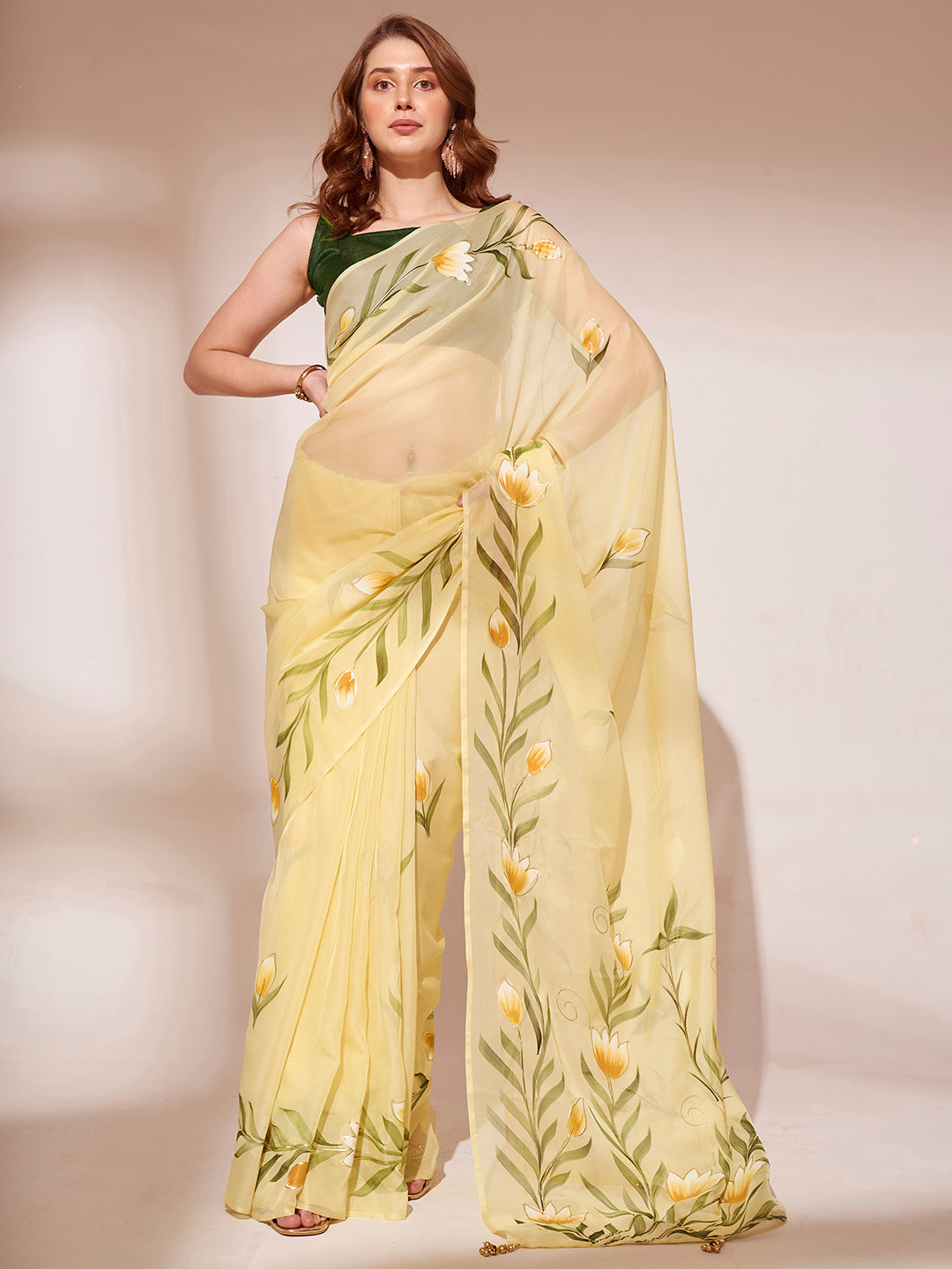 Organza Saree with Brush-Printed Design | Art-Silk Blouse for Weddings & Events