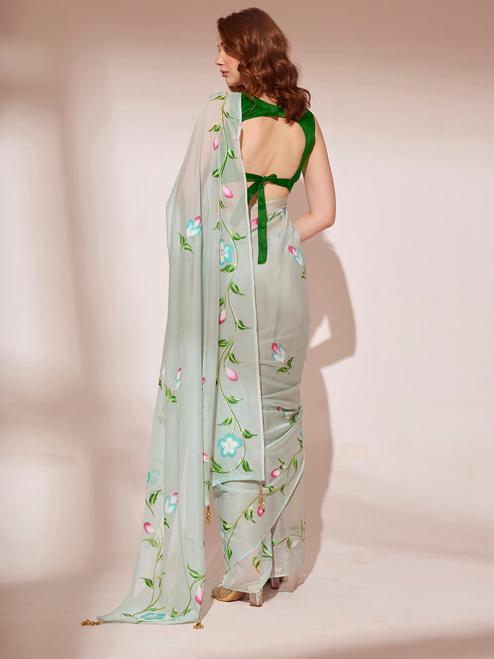 Brush-Printed Organza Saree | Art-Silk Blouse | Wedding & Festive Wear