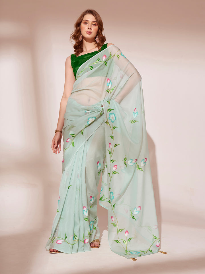 Brush-Printed Organza Saree | Art-Silk Blouse | Wedding & Festive Wear