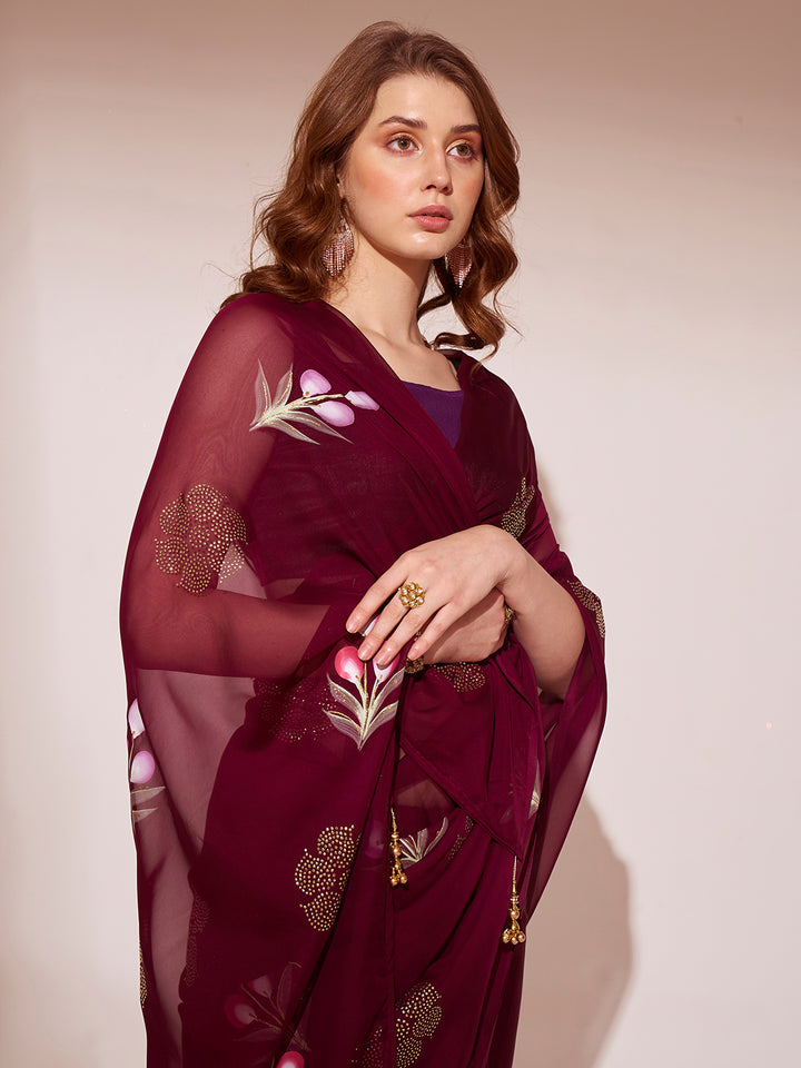 Organza Saree with Art-Silk Blouse | Brush-Printed for Weddings & Festive