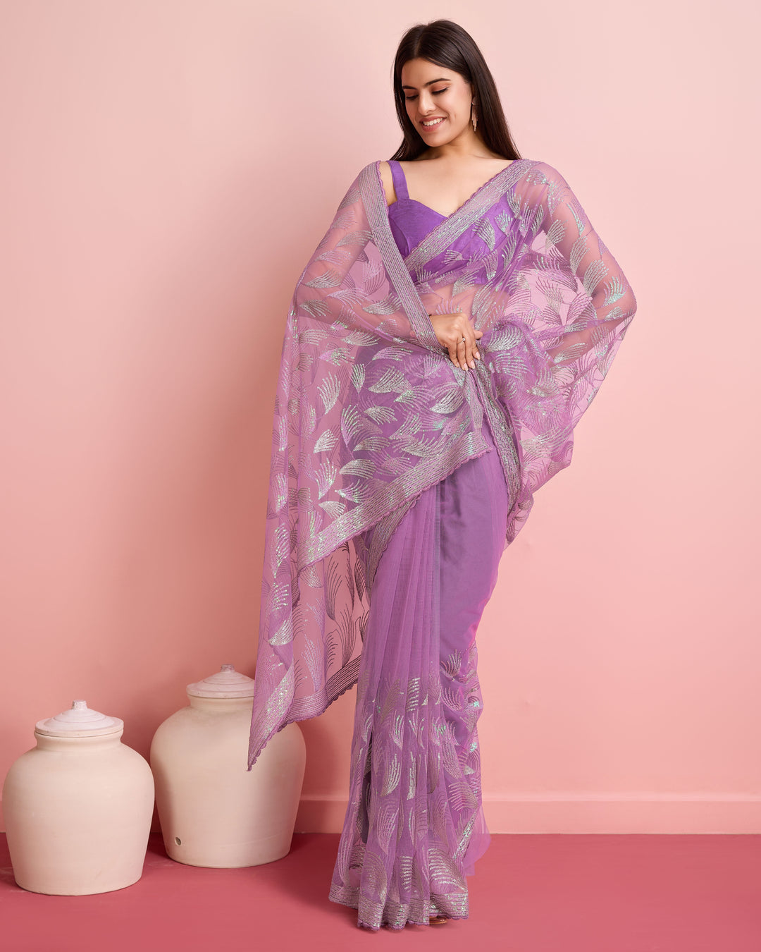 Soft-Net Saree with Sequance Embroidery | Art-Silk Blouse for Weddings & Festive Events