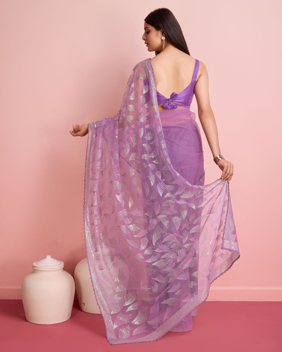 Soft-Net Saree with Sequance Embroidery | Art-Silk Blouse for Weddings & Festive Events