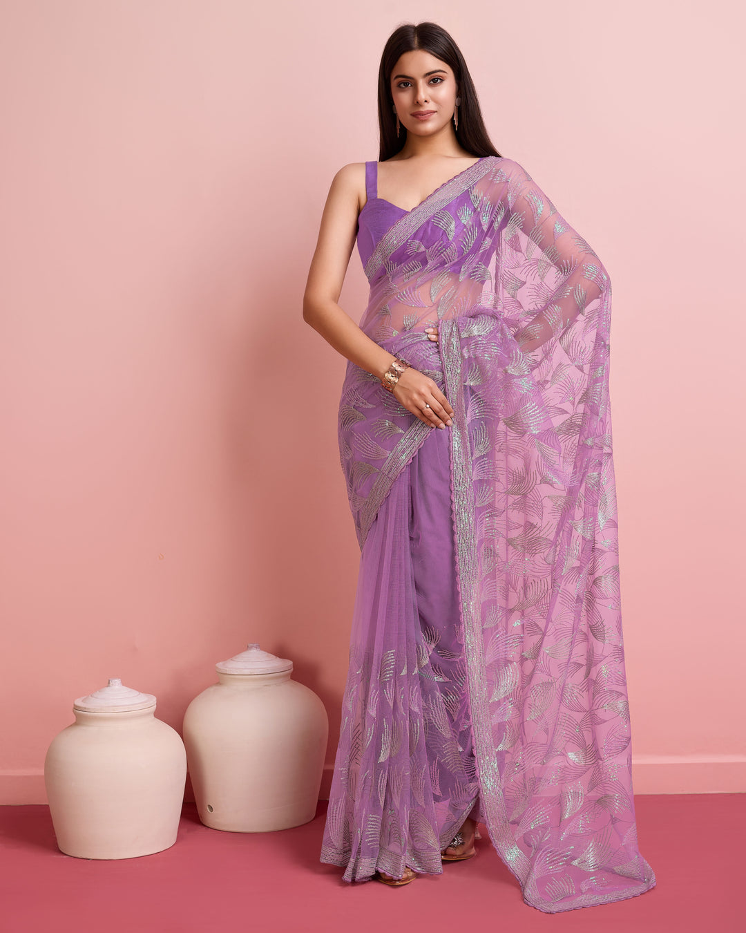 Soft-Net Saree with Sequance Embroidery | Art-Silk Blouse for Weddings & Festive Events