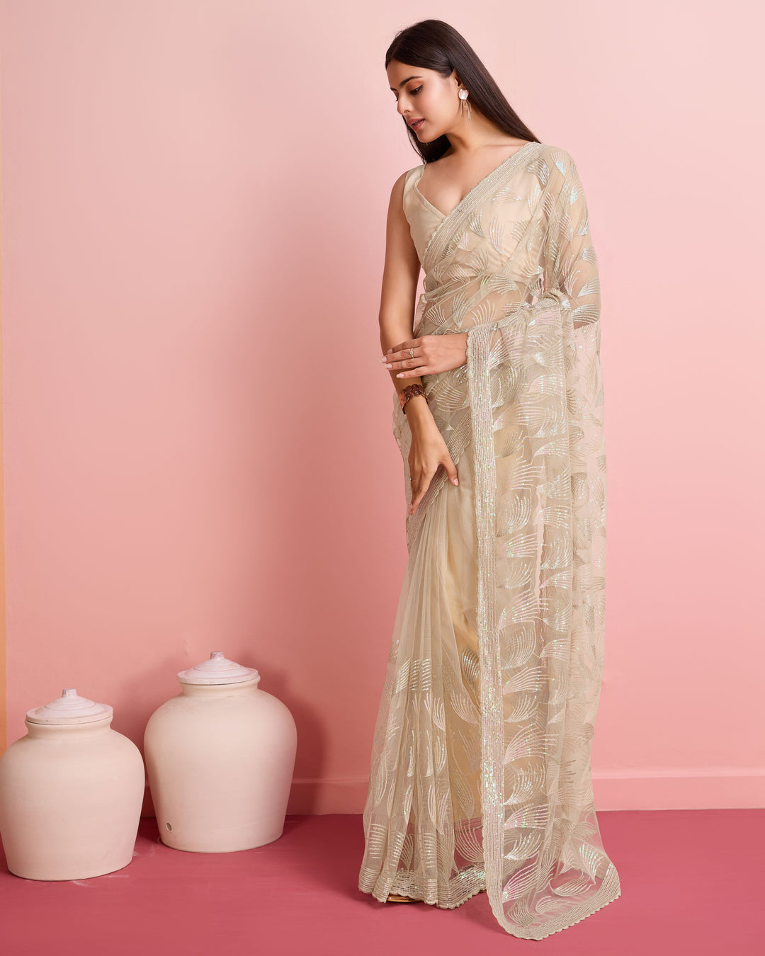 Soft-Net Saree with Sequance Embroidery | Art-Silk Blouse for Weddings & Festive Events