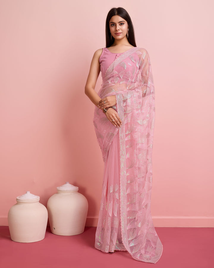 Soft-Net Saree with Sequance Embroidery | Art-Silk Blouse for Weddings & Festive Events