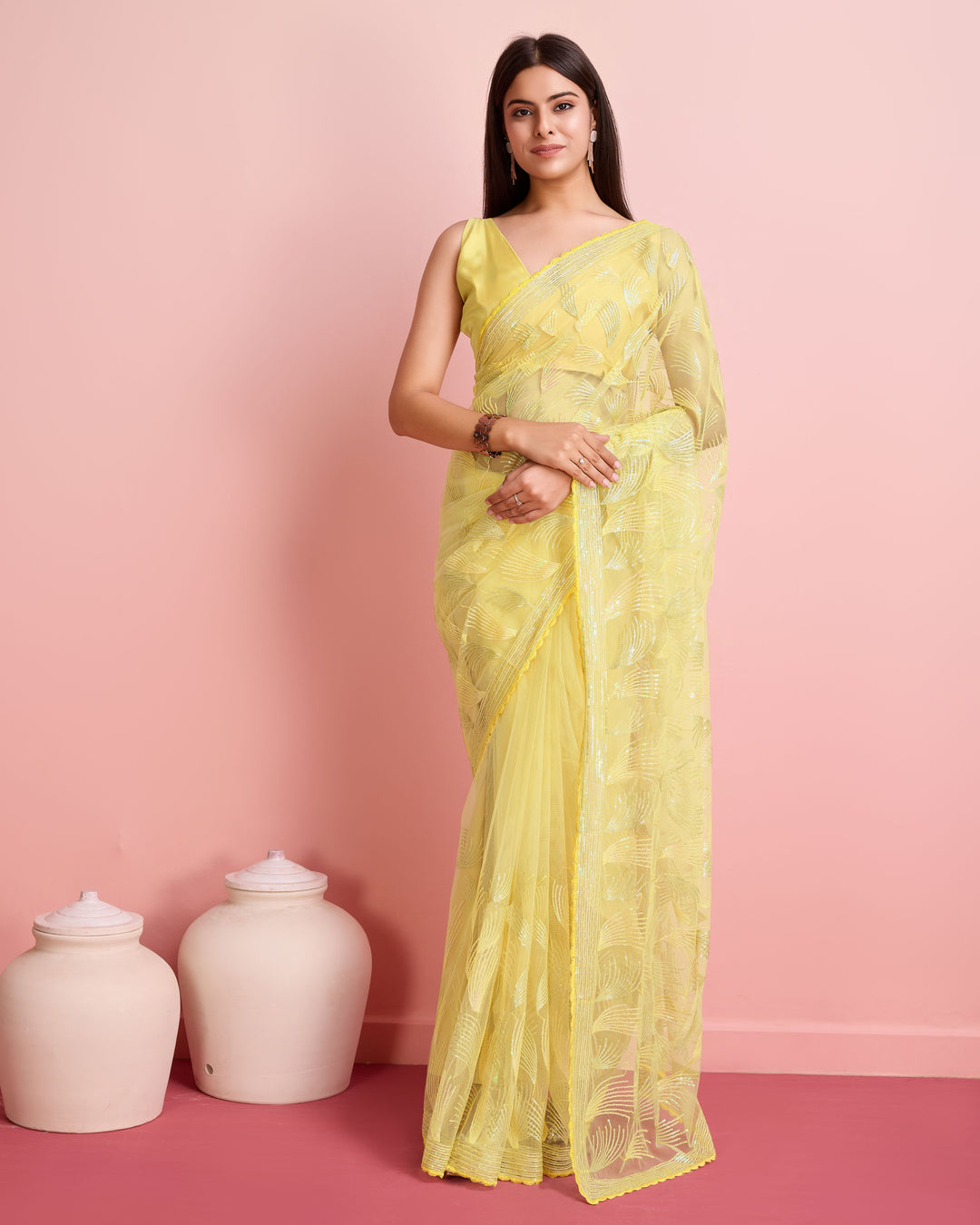 Soft-Net Saree with Sequance Embroidery | Art-Silk Blouse for Weddings & Festive Events