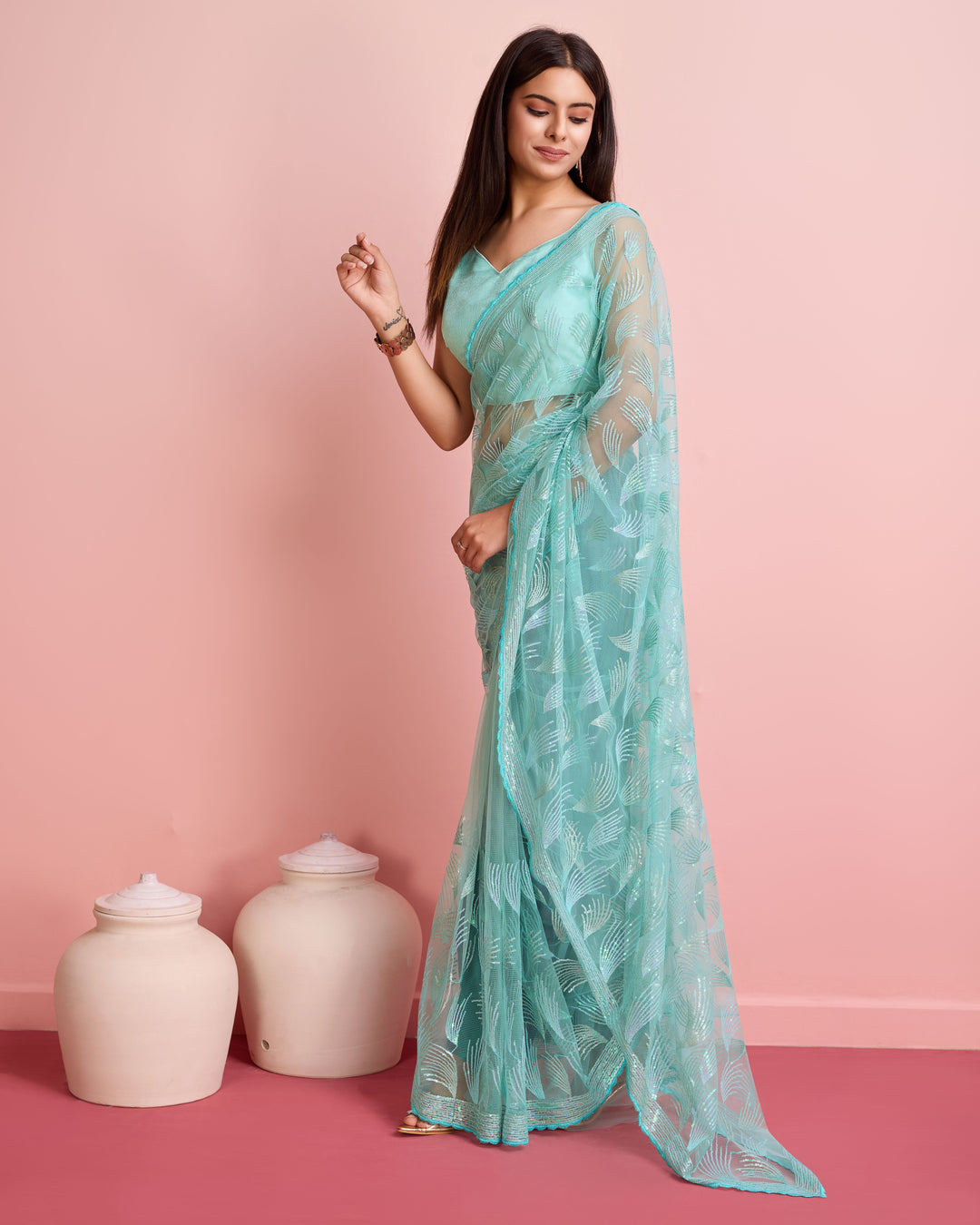 Soft-Net Saree with Sequance Embroidery | Art-Silk Blouse for Weddings & Festive Events