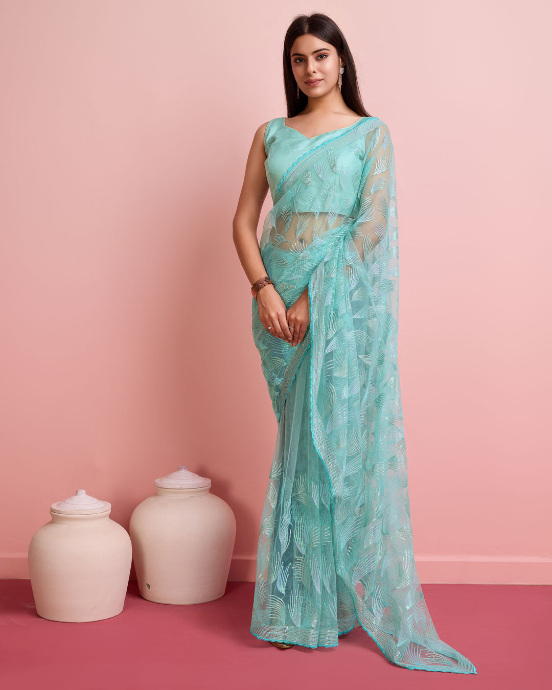 Soft-Net Saree with Sequance Embroidery | Art-Silk Blouse for Weddings & Festive Events