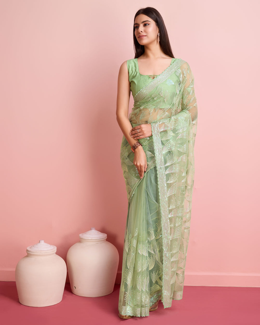 Soft-Net Saree with Sequance Embroidery | Art-Silk Blouse for Weddings & Festive Events