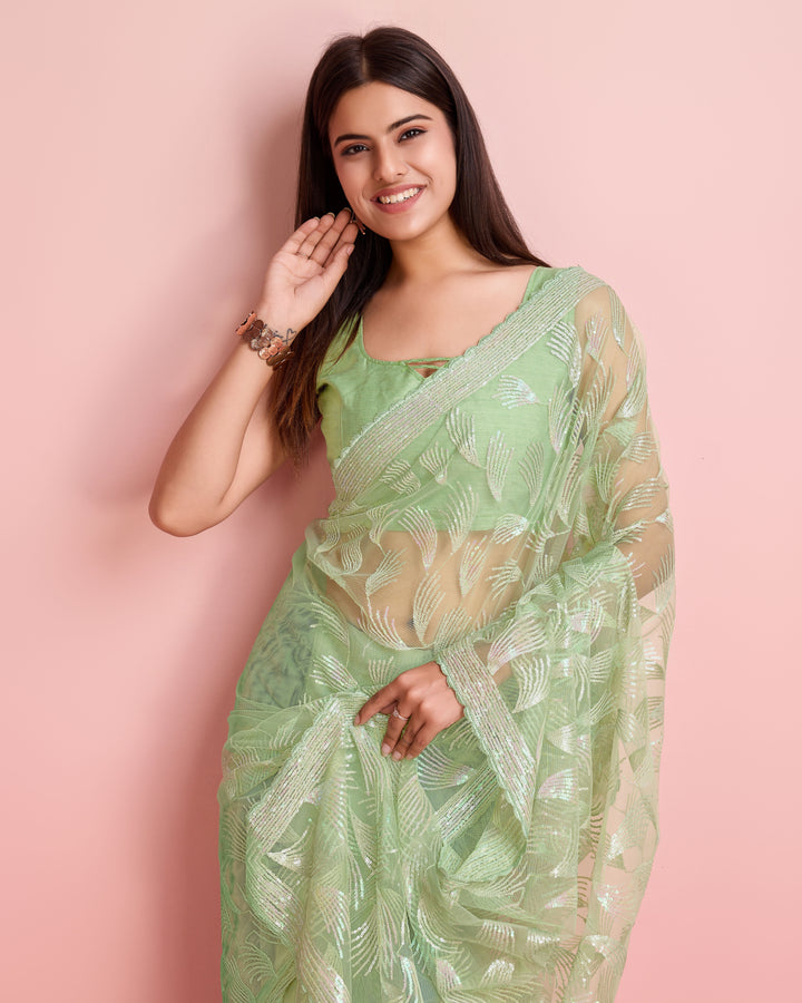 Soft-Net Saree with Sequance Embroidery | Art-Silk Blouse for Weddings & Festive Events