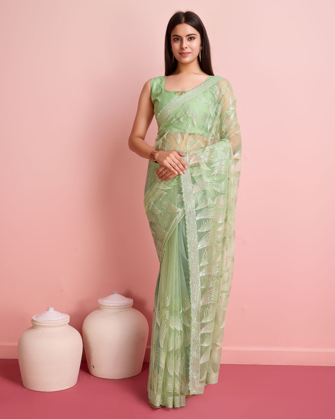 Soft-Net Saree with Sequance Embroidery | Art-Silk Blouse for Weddings & Festive Events