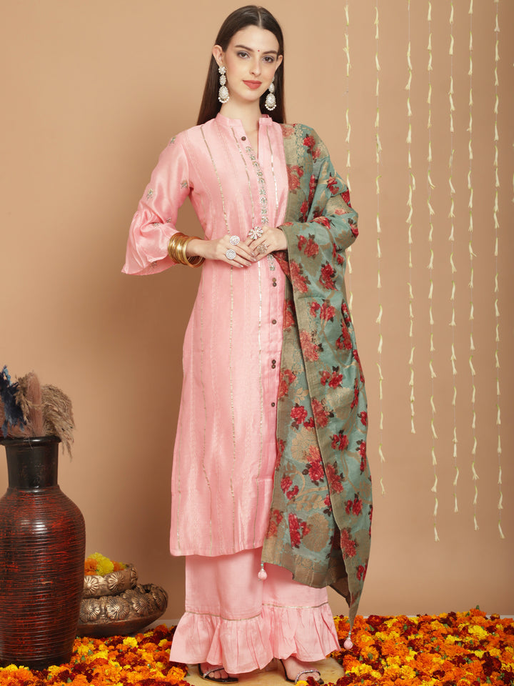 Designer Pink Tussar Silk Long Length Palazzo Suit | Elegant & Stylish Women's Traditional Wear