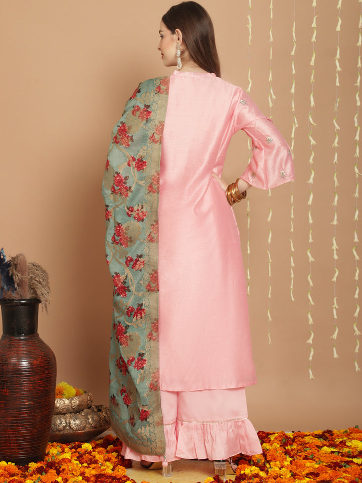 Designer Pink Tussar Silk Long Length Palazzo Suit | Elegant & Stylish Women's Traditional Wear