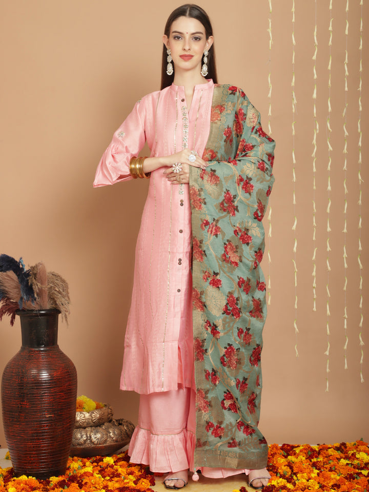 Designer Pink Tussar Silk Long Length Palazzo Suit | Elegant & Stylish Women's Traditional Wear