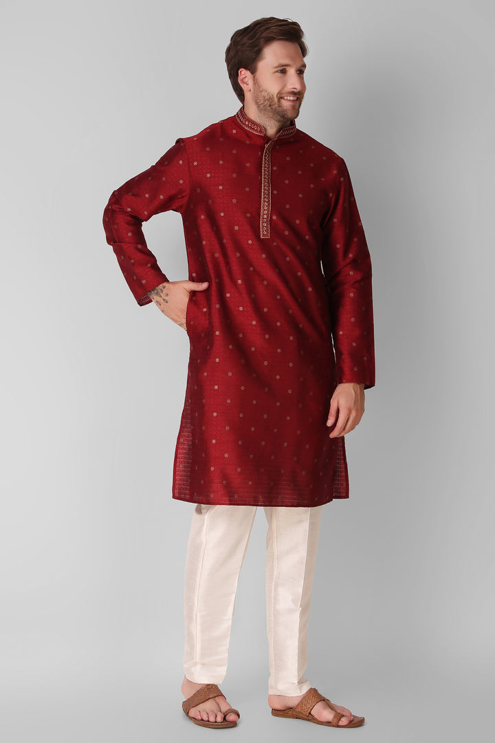 Designer Embroidered Jacquard Silk Kurta Pajama Set | Art Silk Pajama for Men