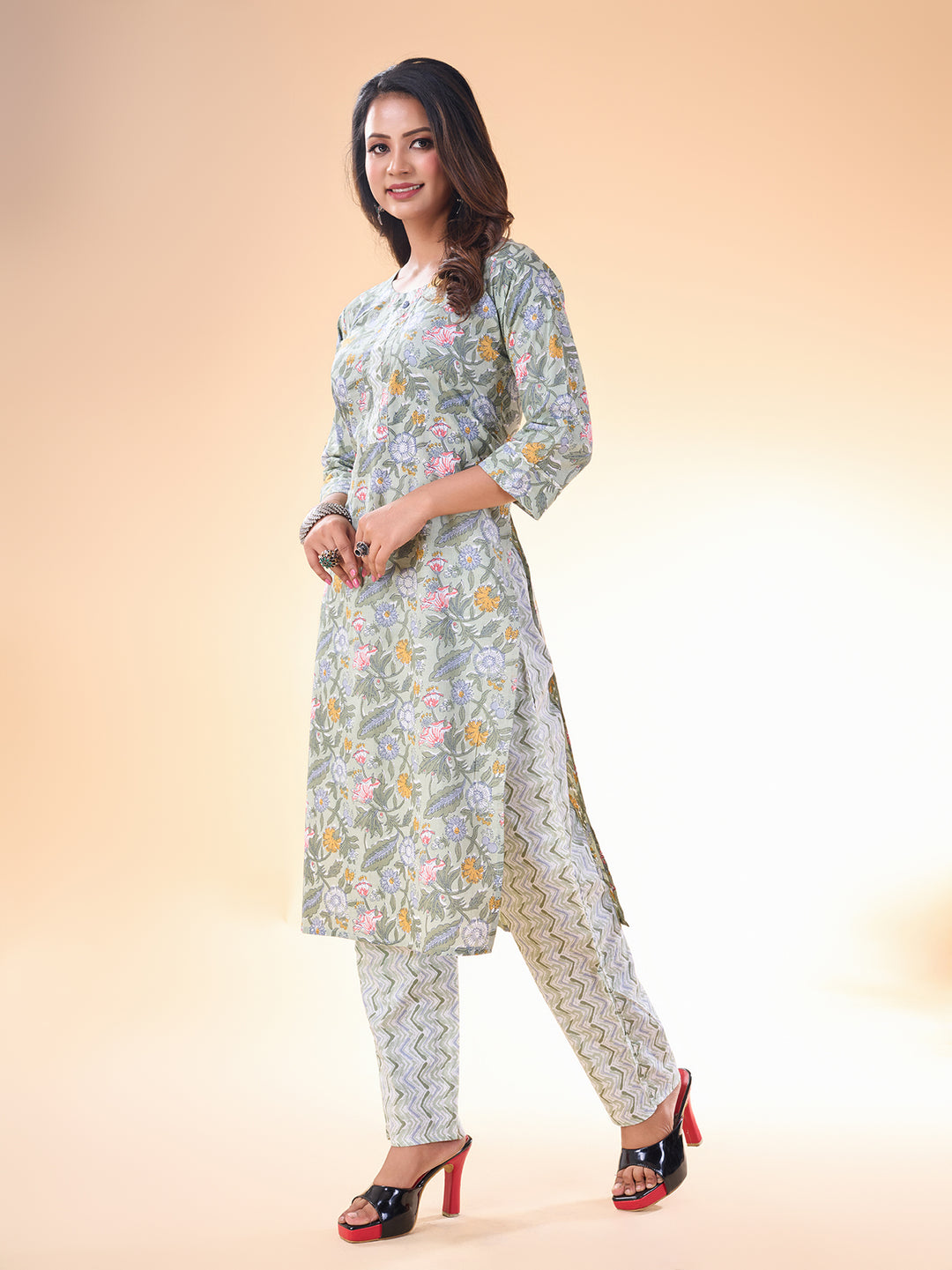 Designer Printed Grey Cotton Kurti | Party Wear Kurta for Women