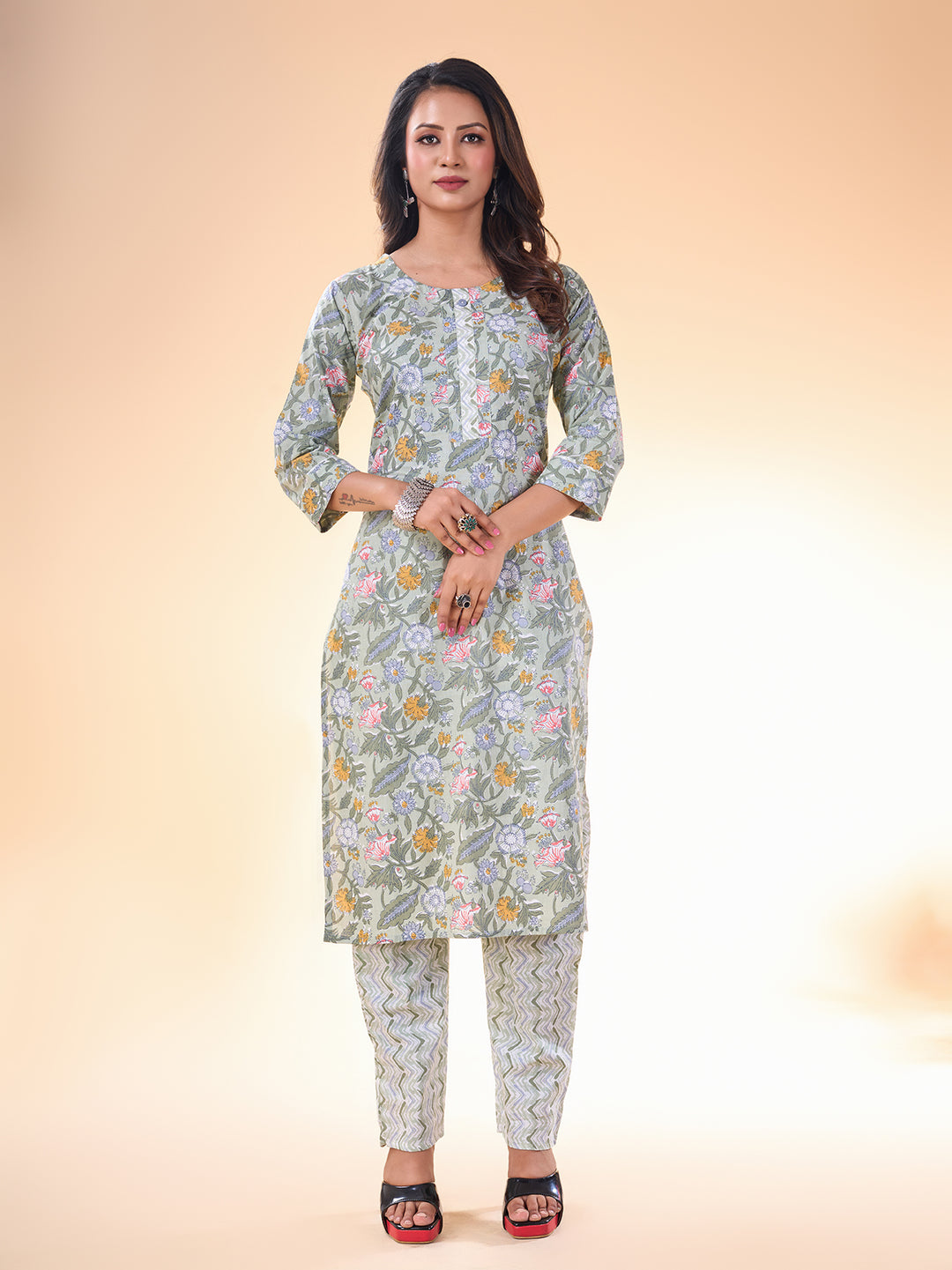 Designer Printed Grey Cotton Kurti | Party Wear Kurta for Women