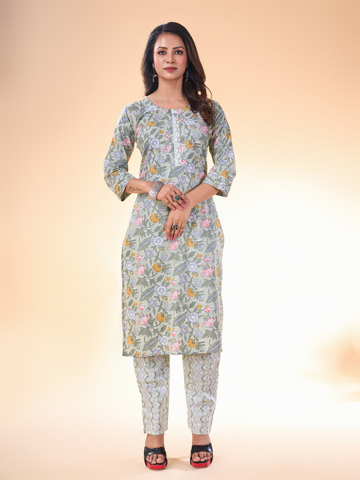 Designer Printed Grey Cotton Kurti | Party Wear Kurta for Women