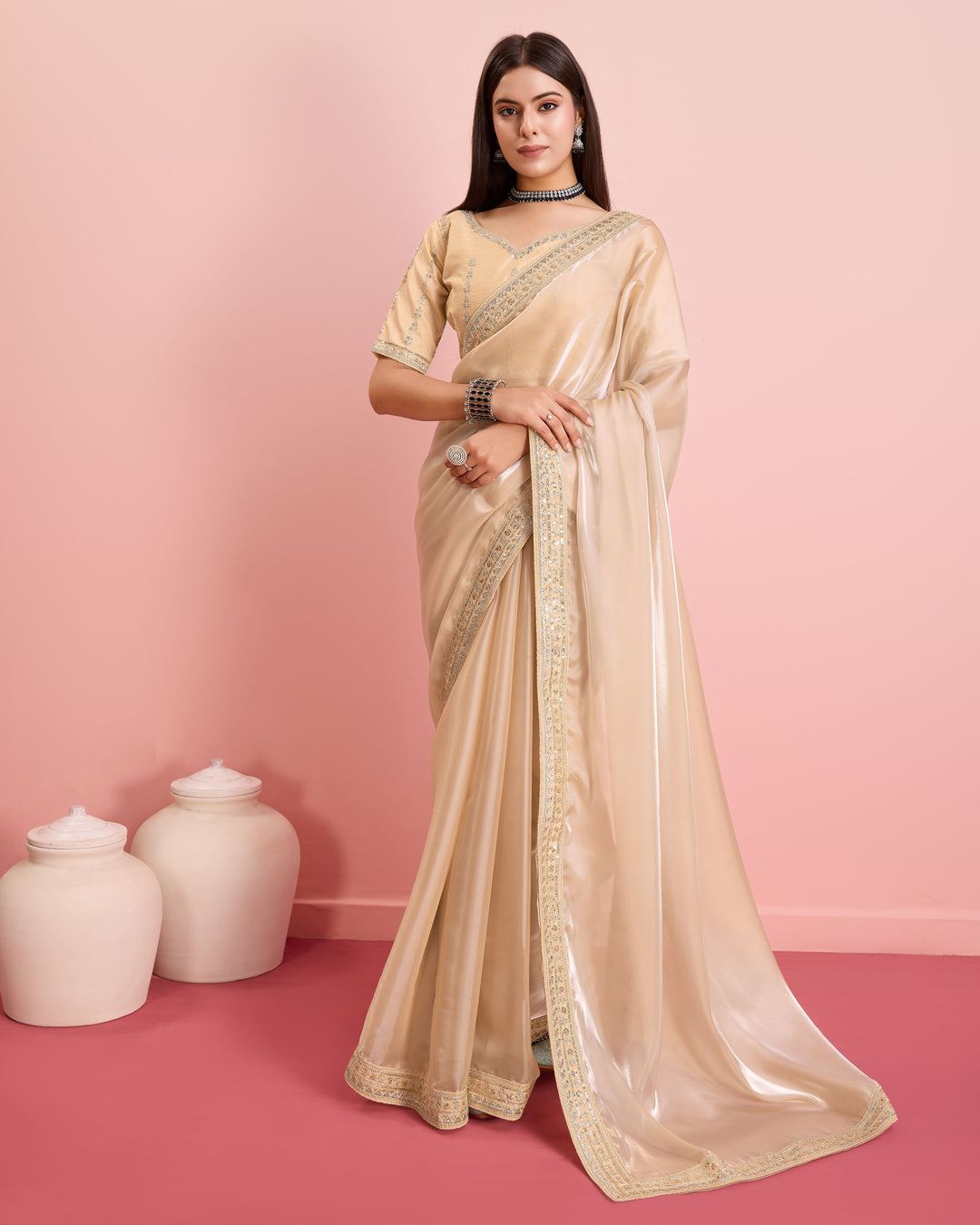 Embroidered Jimmy-Choo Saree with Art-Silk Blouse | Wedding & Festive Wear