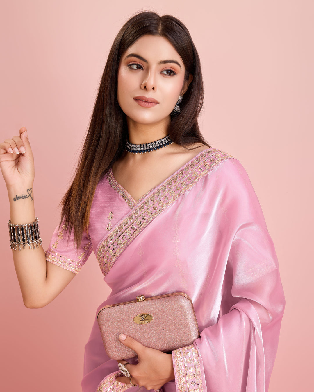 Embroidered Jimmy-Choo Saree with Art-Silk Blouse | Wedding & Festive Wear