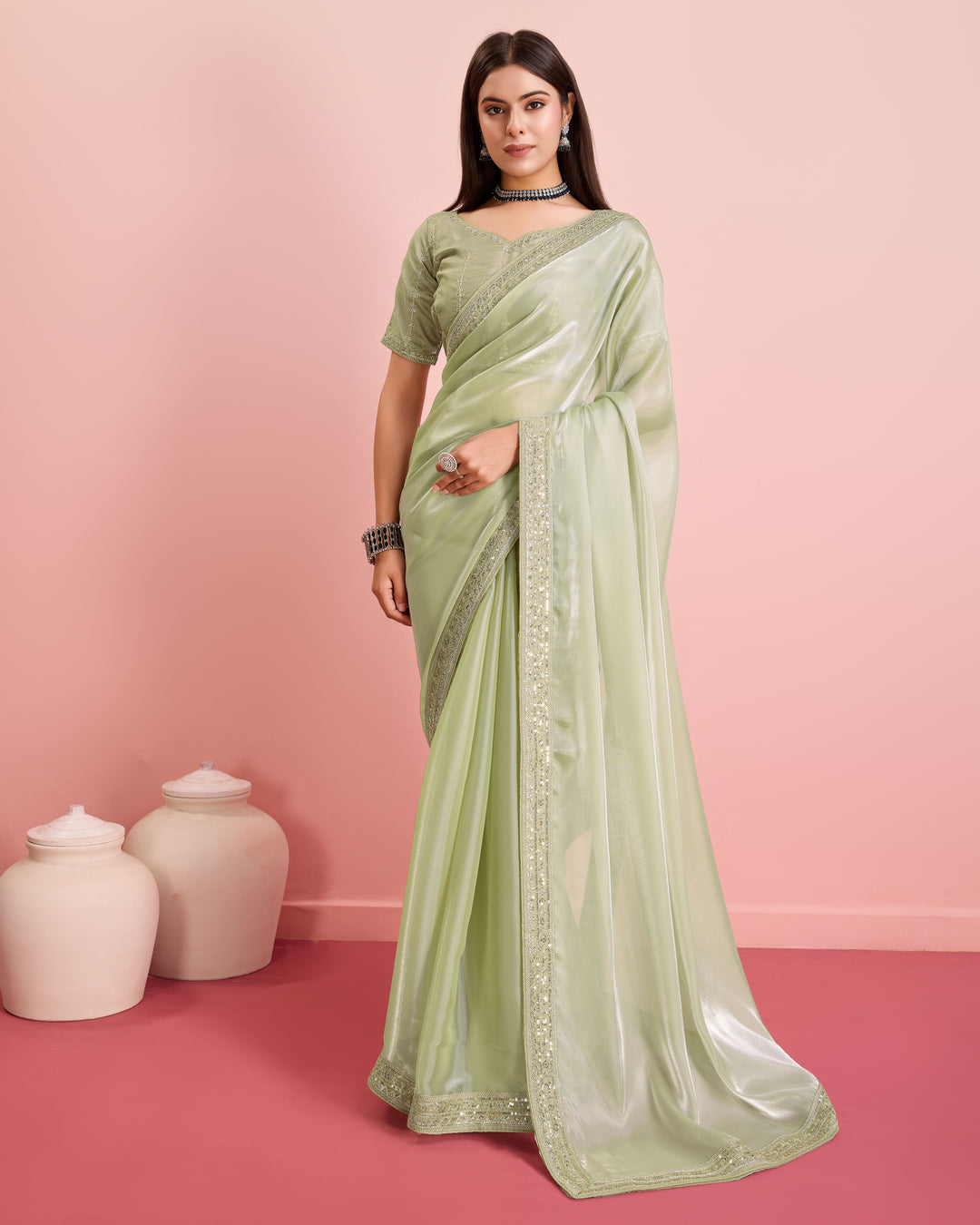 Embroidered Jimmy-Choo Saree with Art-Silk Blouse | Wedding & Festive Wear