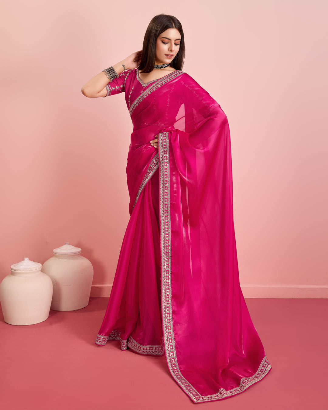 Embroidered Jimmy-Choo Saree with Art-Silk Blouse | Wedding & Festive Wear