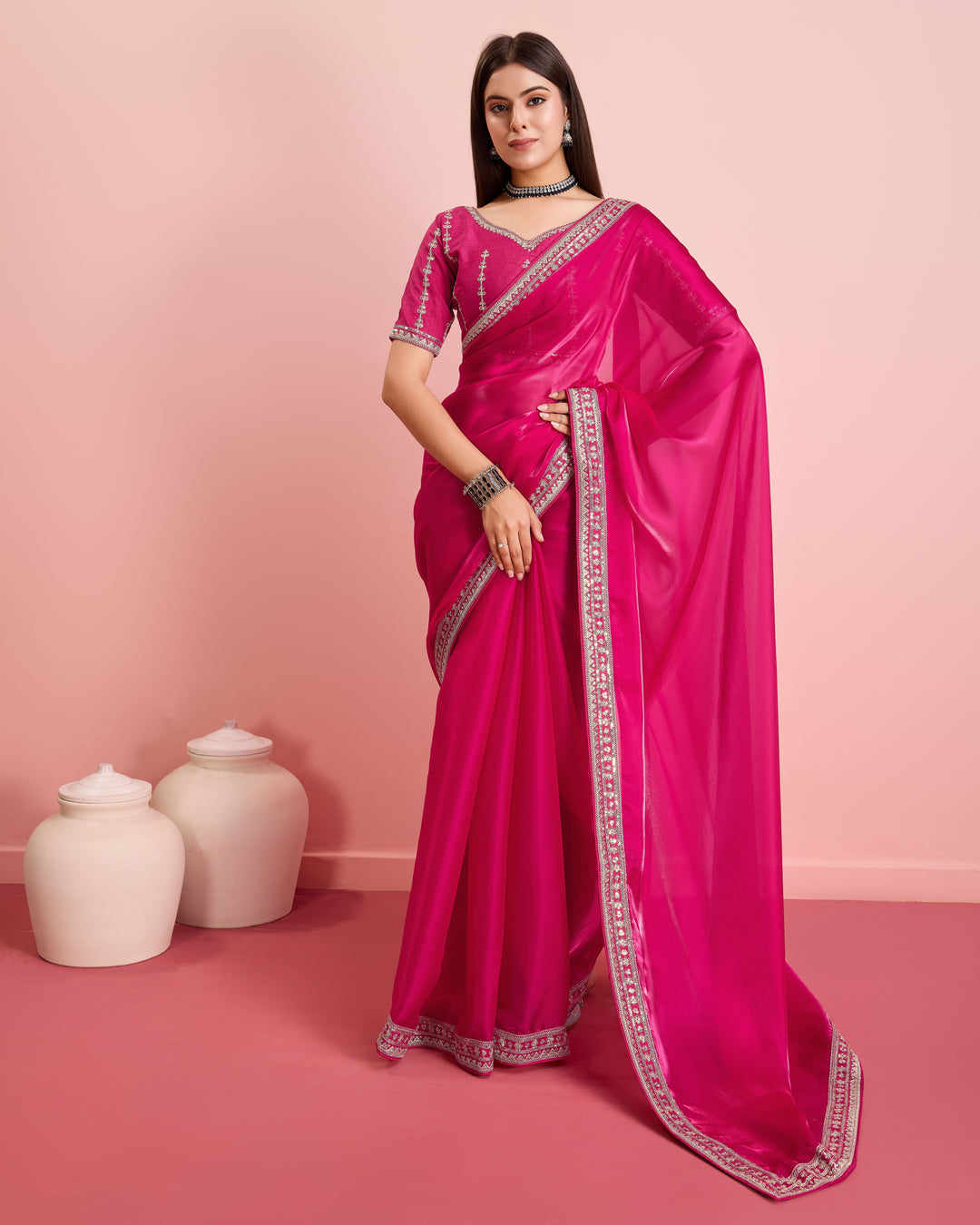 Embroidered Jimmy-Choo Saree with Art-Silk Blouse | Wedding & Festive Wear