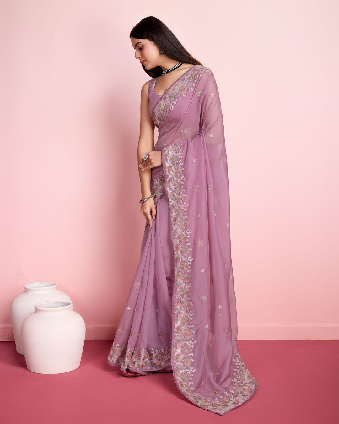 Elegant Organza Saree with Art-Silk Blouse | Thread Embroidery for Weddings