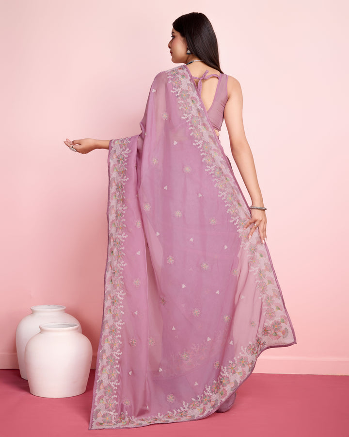 Elegant Organza Saree with Art-Silk Blouse | Thread Embroidery for Weddings