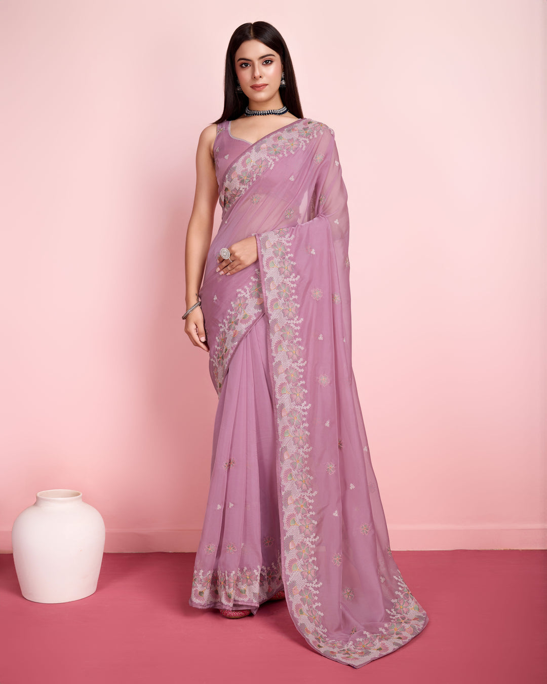 Elegant Organza Saree with Art-Silk Blouse | Thread Embroidery for Weddings