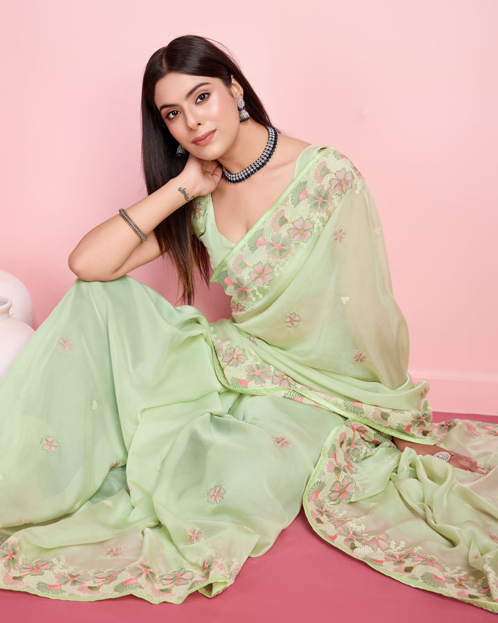 Elegant Organza Saree with Art-Silk Blouse | Thread Embroidery for Weddings