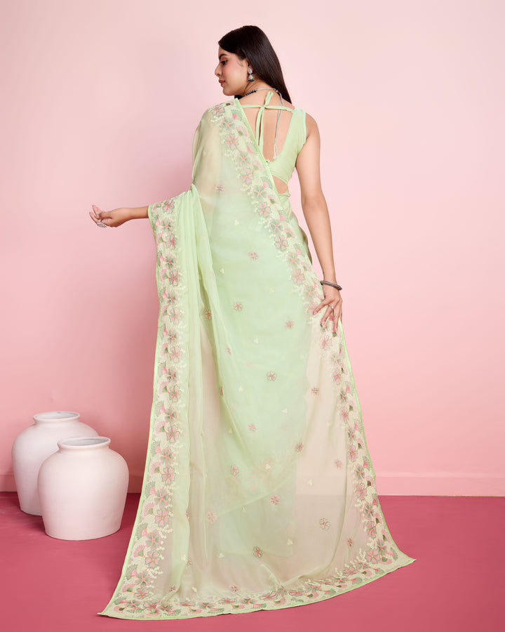 Elegant Organza Saree with Art-Silk Blouse | Thread Embroidery for Weddings